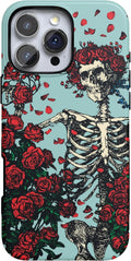 Casely iPhone 16 Pro Case | Forever Grateful | Grateful Dead Skeleton Floral Skull with Red Roses on Teal Floral Skull with | Bold Protective Case Design | Compatible with MagSafe